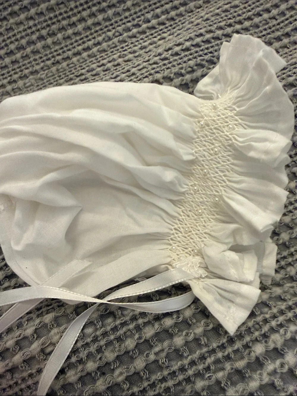 White Smocked Ruffled Bonnet with Satin Ties
